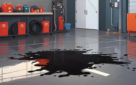 A large oil spill in the middle of a garage floor